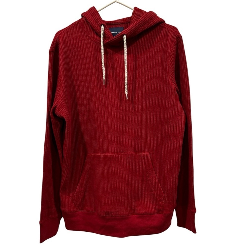 American Eagle Maroon Hooded Waffle Knit Kangaroo Pouch Shirt